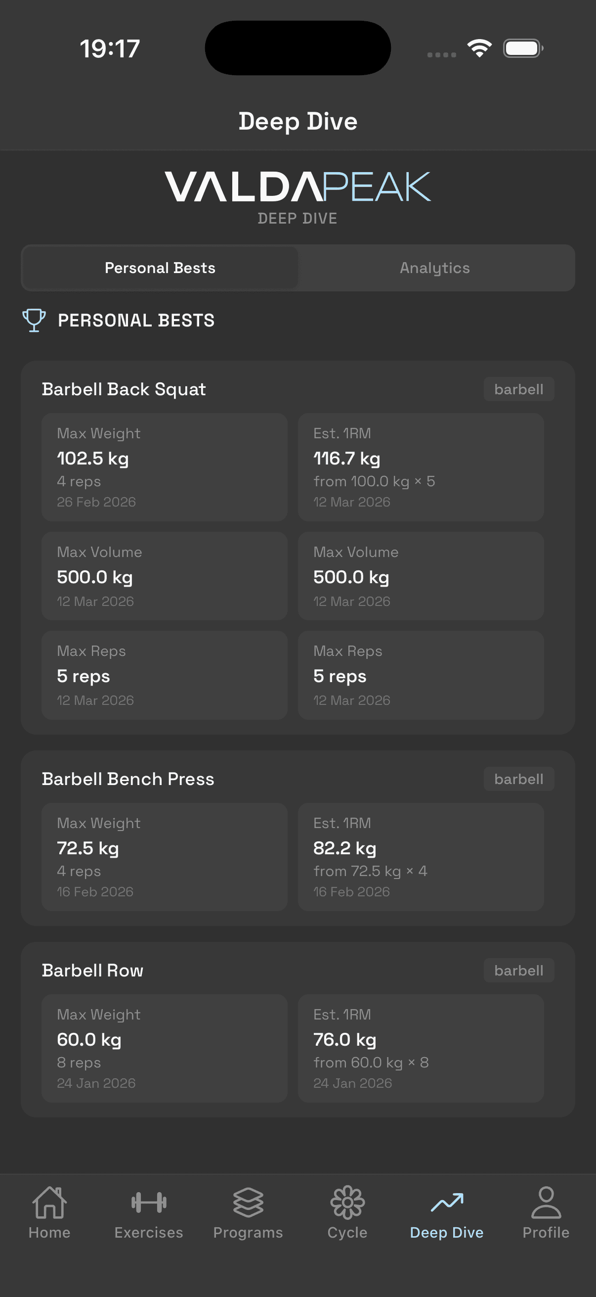 Personal bests with max weight and estimated 1RM