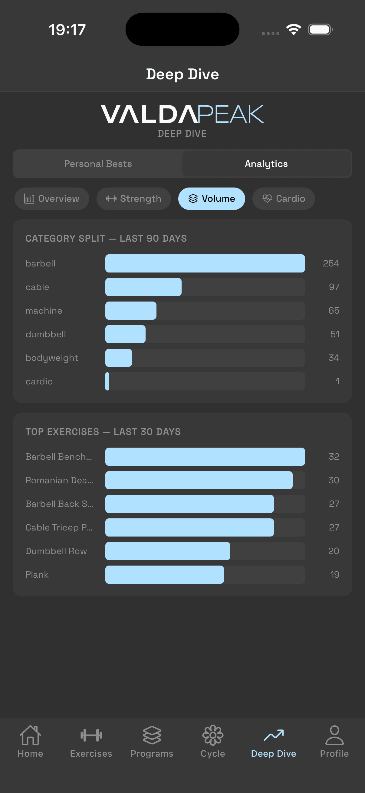 Volume breakdown by muscle group and top exercises
