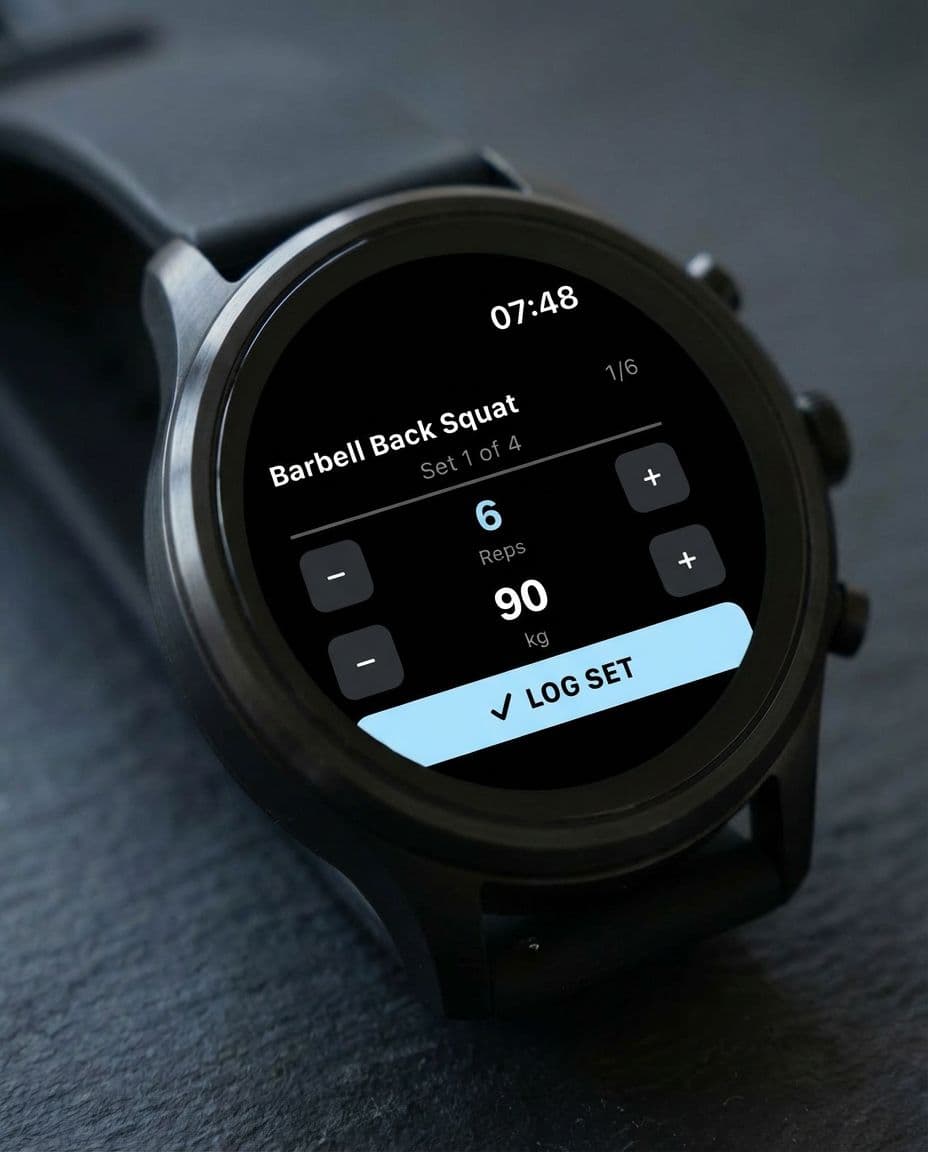 Wear OS watch logging a Barbell Back Squat