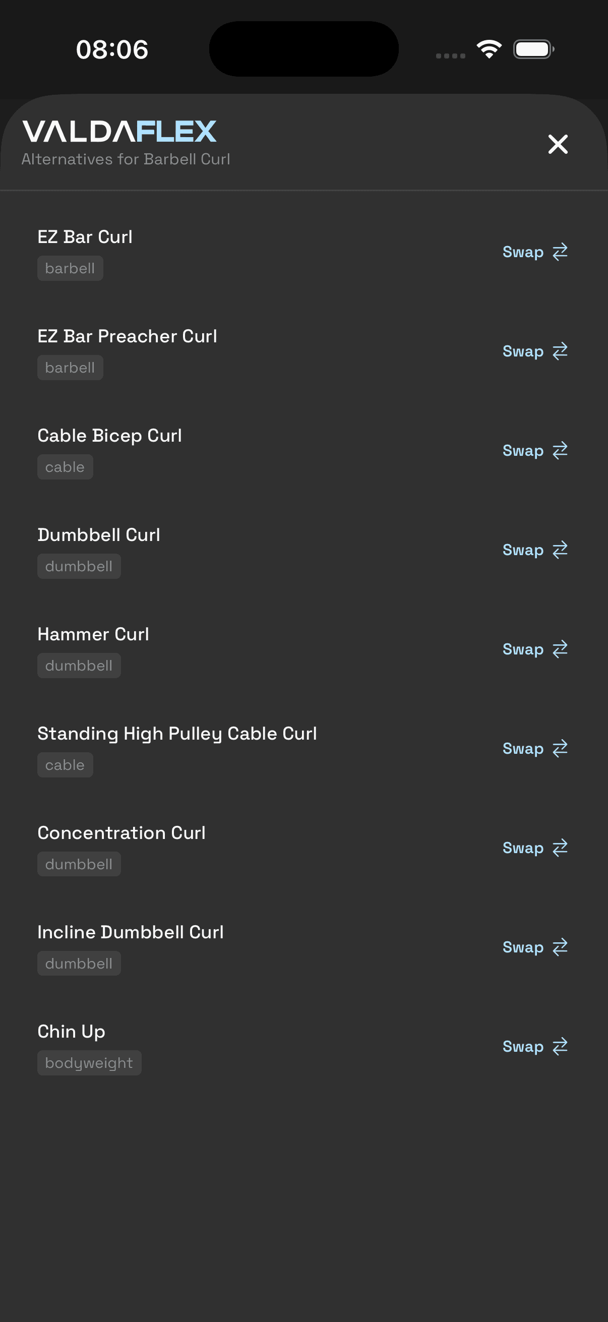 ValdaFLEX exercise swap suggestions
