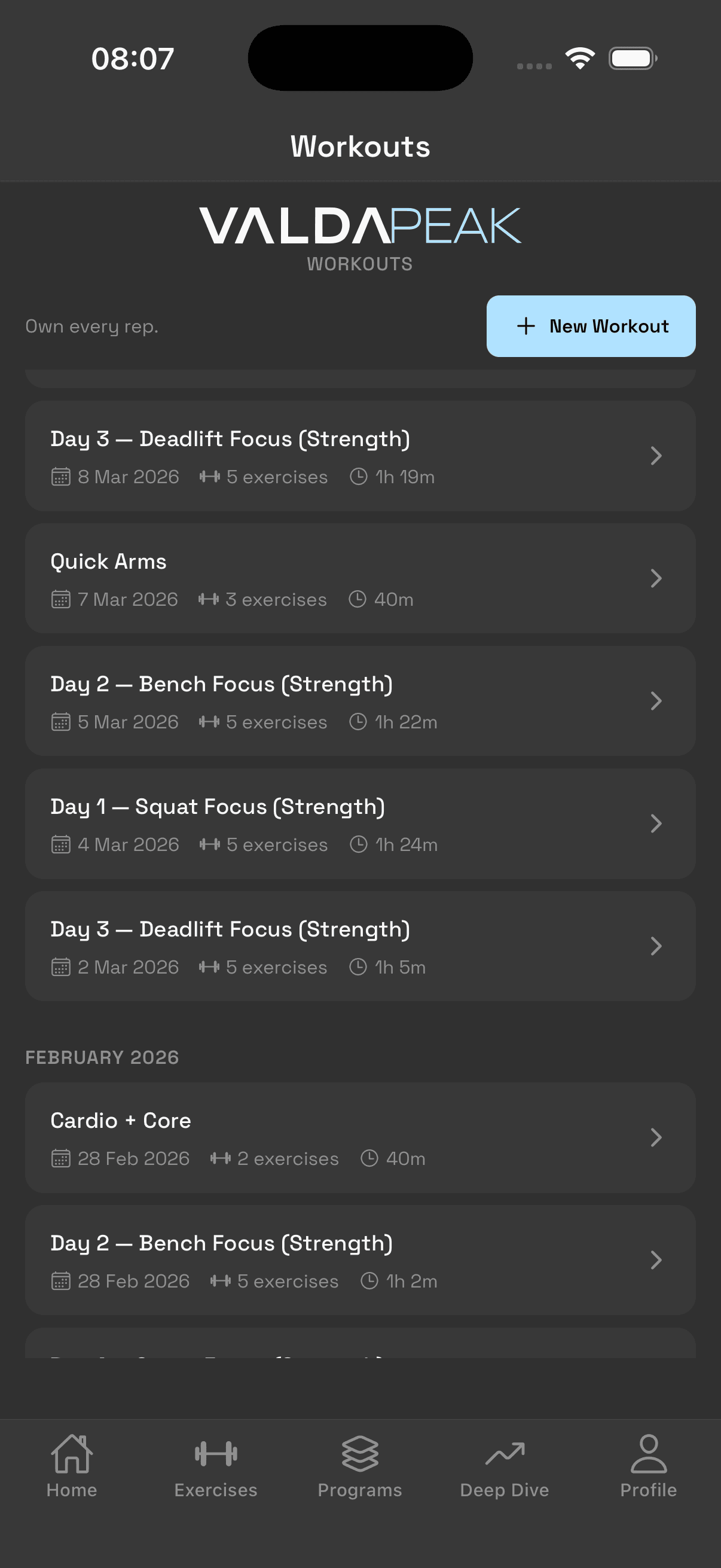 Workout history showing logged sessions