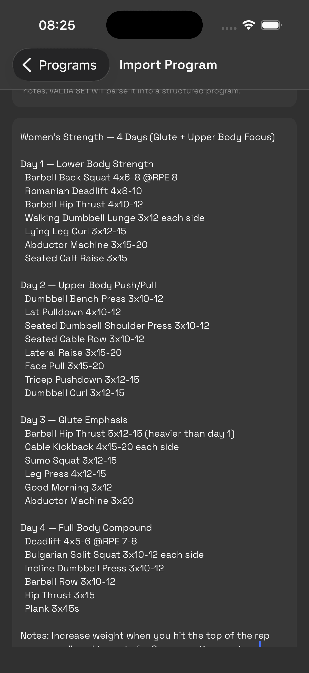 Raw program text pasted into VALDA