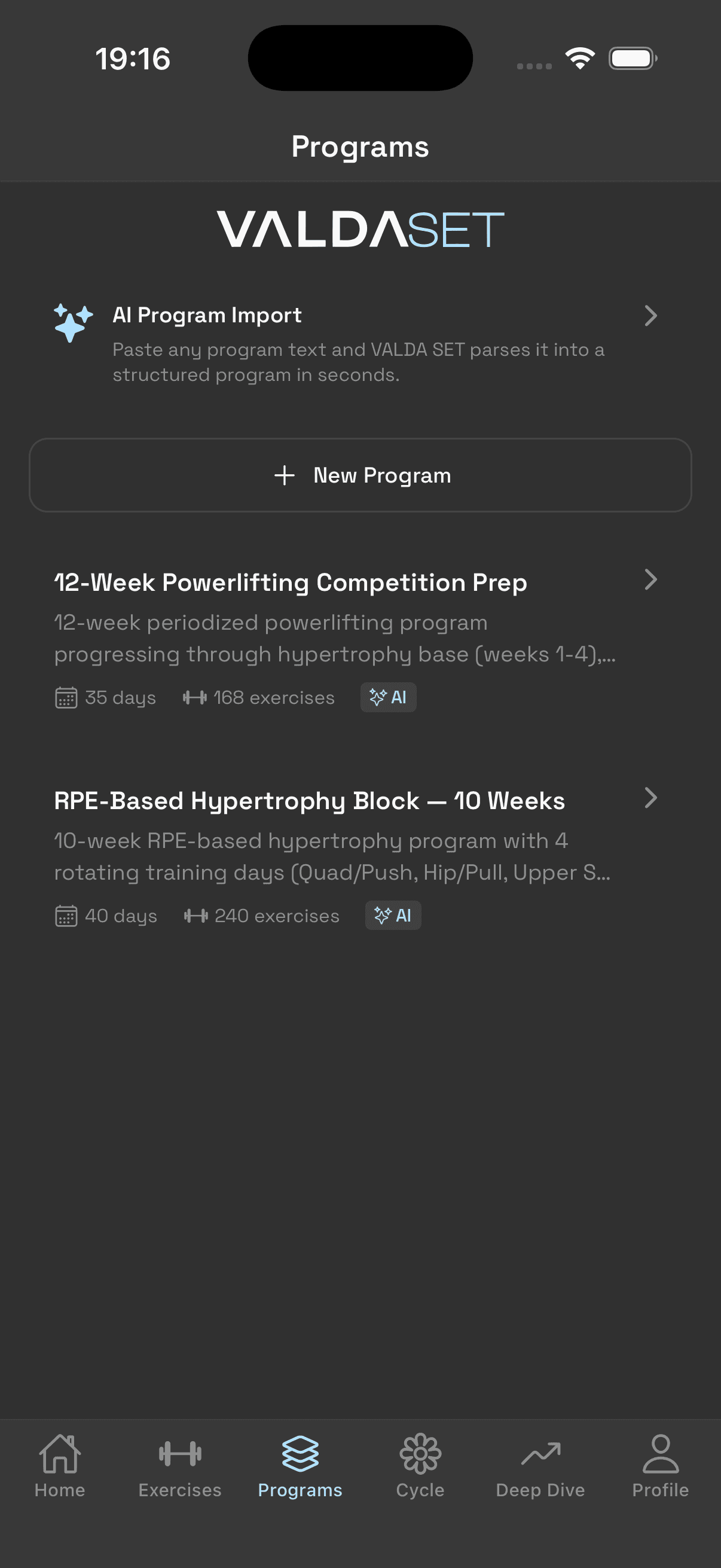 Program builder with multi-day structure